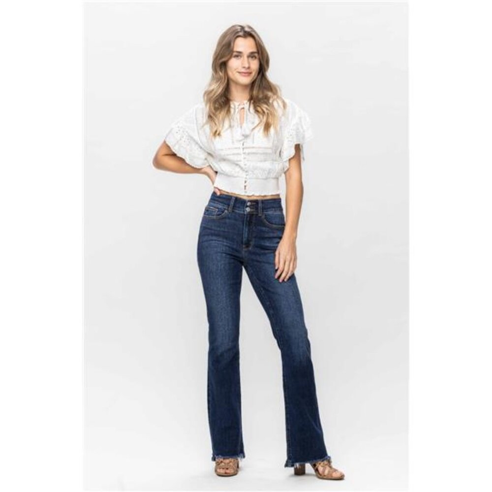 NWT Judy Blue Frayed Hem Bootcut Jeans, Dark Wash, Stretchy, Comfy, Fall Fashion - Picture 7 of 8
